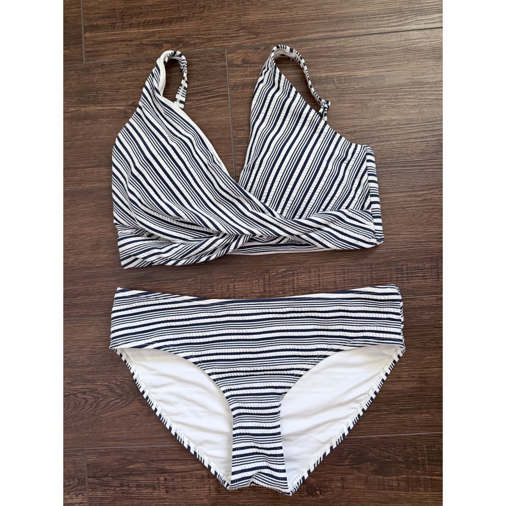 Niptuck Swim Navy White Striped Wrap Bikini Set Size 8 Textured Seersucker
